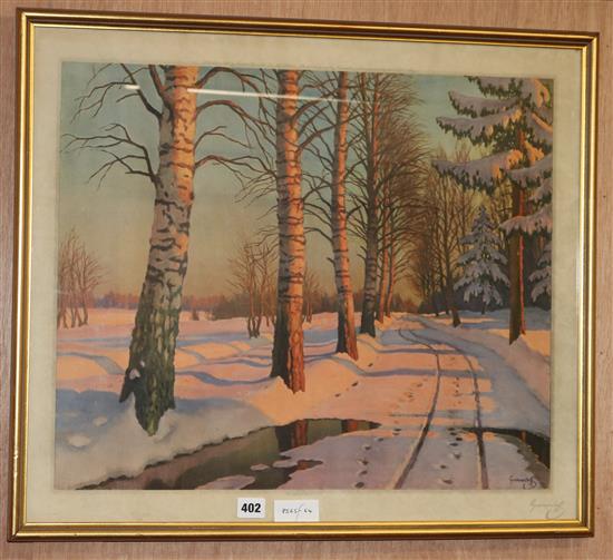 Guermacheff, Frost and Reed colour print, Landscape in winter, signed in pencil 54 x 63cm